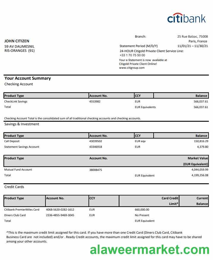 France Citibank bank statement template in .xls and .pdf file format